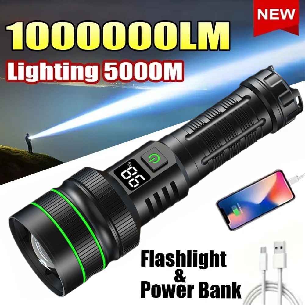 Outdoor Lighting Types - Powerful LED Flashlight Zoomable Type-C Rechargeable